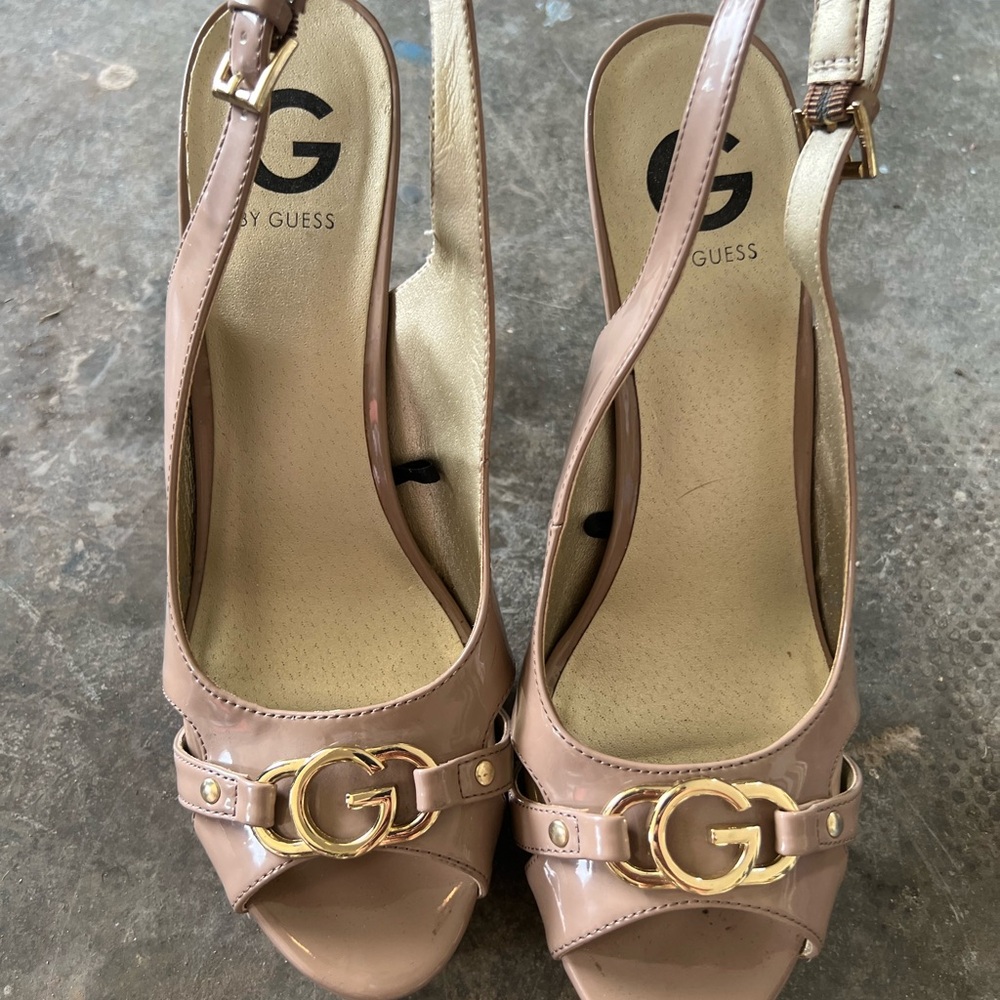 Guess Tan Slingback Heels with Gold Logo